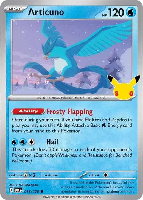 Articuno #018/128 Holofoil Pokémon card from 30th Celebration