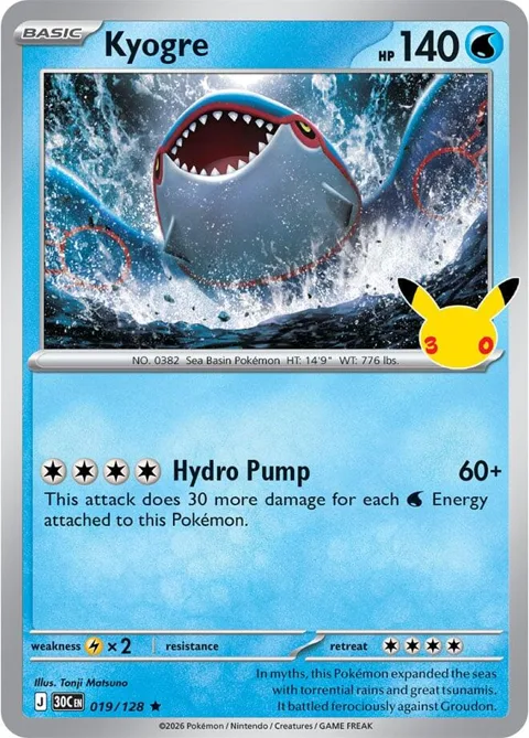 Kyogre #019/128 Holofoil Pokémon card from 30th Celebration