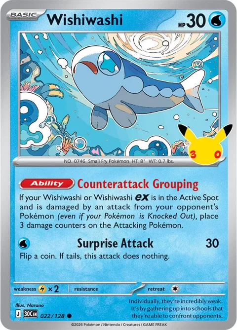 Wishiwashi #022/128 Holofoil Pokémon card from 30th Celebration
