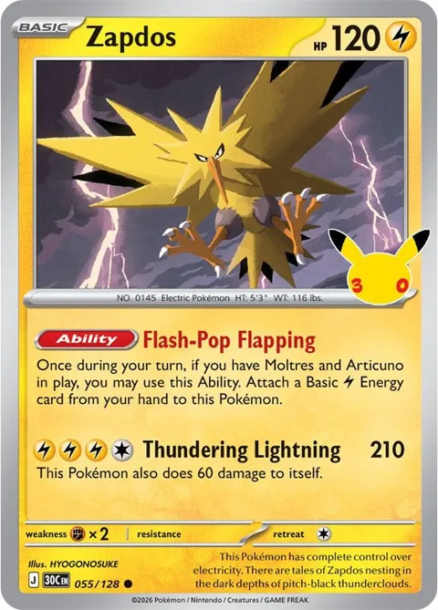 Zapdos #055/128 Holofoil Pokémon card from 30th Celebration