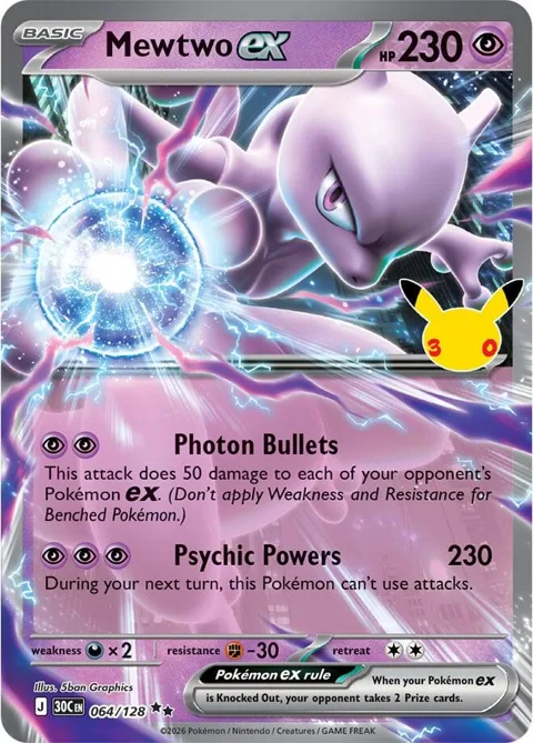 Mewtwo ex #064/128 Holofoil Pokémon card from 30th Celebration