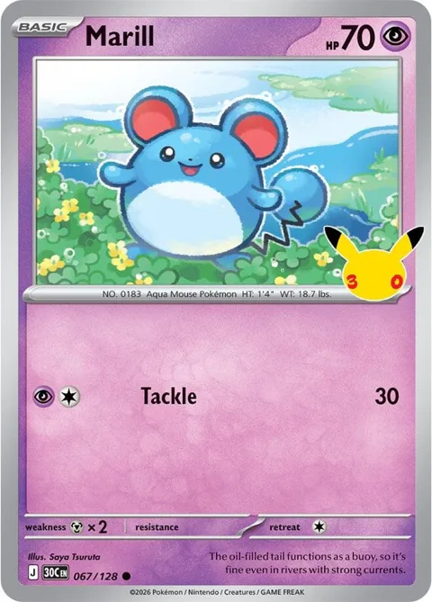 Marill #067/128 Holofoil Pokémon card from 30th Celebration