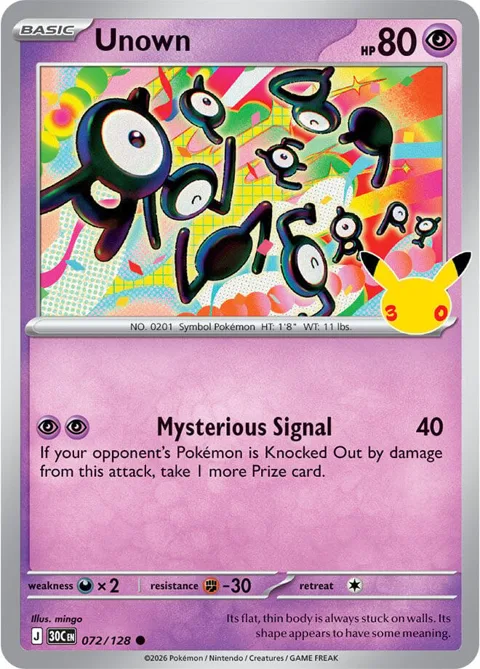 Unown #072/128 Holofoil Pokémon card from 30th Celebration