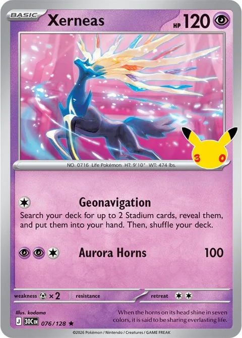 Xerneas #076/128 Holofoil Pokémon card from 30th Celebration