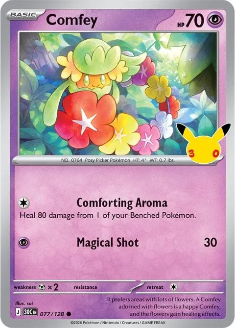 Comfey #077/128 Holofoil Pokémon card from 30th Celebration