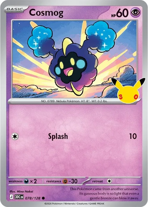 Cosmog #078/128 Holofoil Pokémon card from 30th Celebration