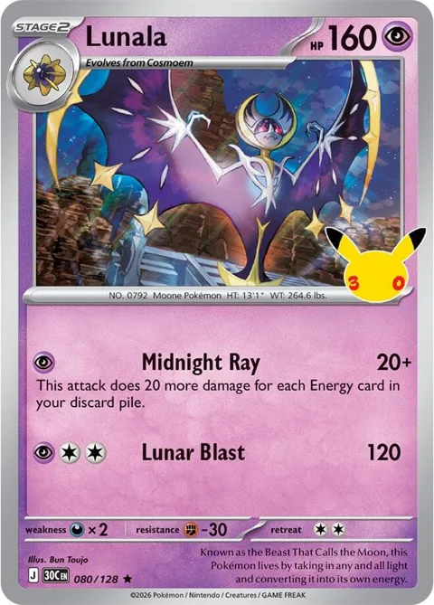 Lunala #080/128 Holofoil Pokémon card from 30th Celebration