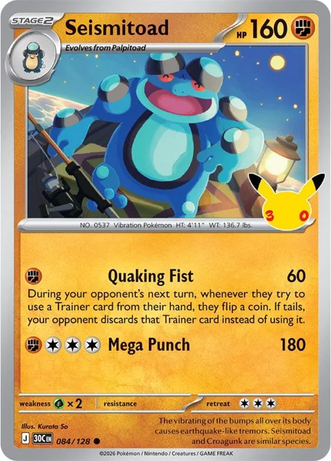Seismitoad #084/128 Holofoil Pokémon card from 30th Celebration