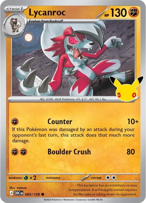 Lycanroc #085/128 Holofoil Pokémon card from 30th Celebration