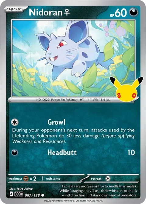 Nidoran F #087/128 Holofoil Pokémon card from 30th Celebration