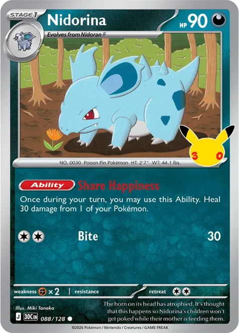 Nidorina #088/128 Holofoil Pokémon card from 30th Celebration