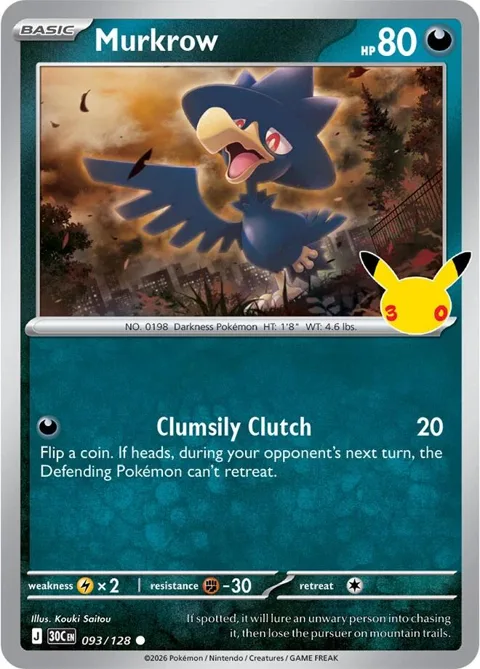 Murkrow #093/128 Holofoil Pokémon card from 30th Celebration