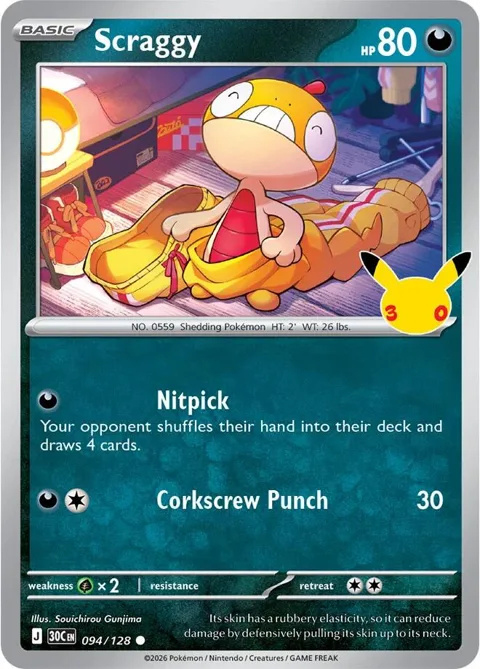 Scraggy #094/128 Holofoil Pokémon card from 30th Celebration