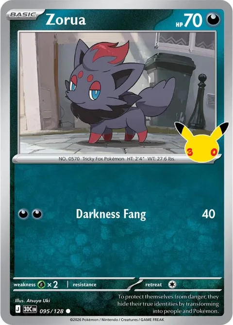 Zorua #095/128 Holofoil Pokémon card from 30th Celebration