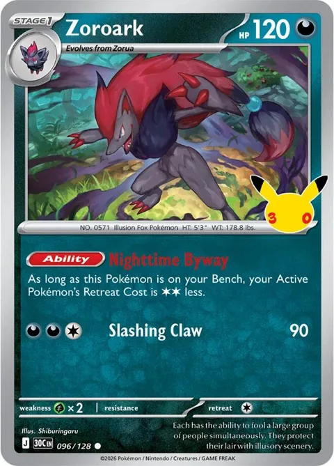 Zoroark #096/128 Holofoil Pokémon card from 30th Celebration