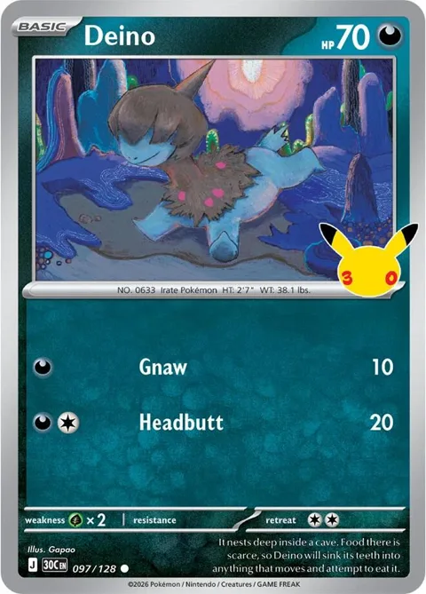 Deino #097/128 Holofoil Pokémon card from 30th Celebration