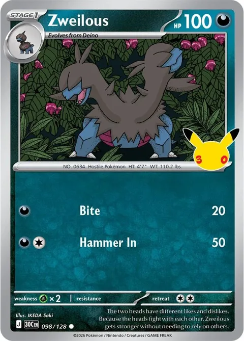 Zweilous #098/128 Holofoil Pokémon card from 30th Celebration