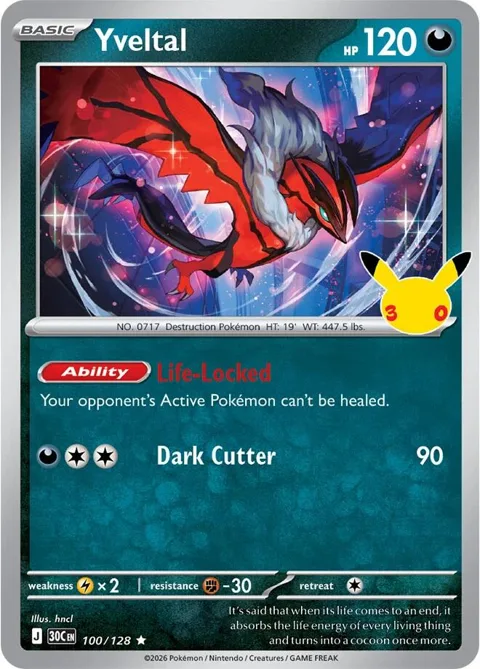 Yveltal #100/128 Holofoil Pokémon card from 30th Celebration