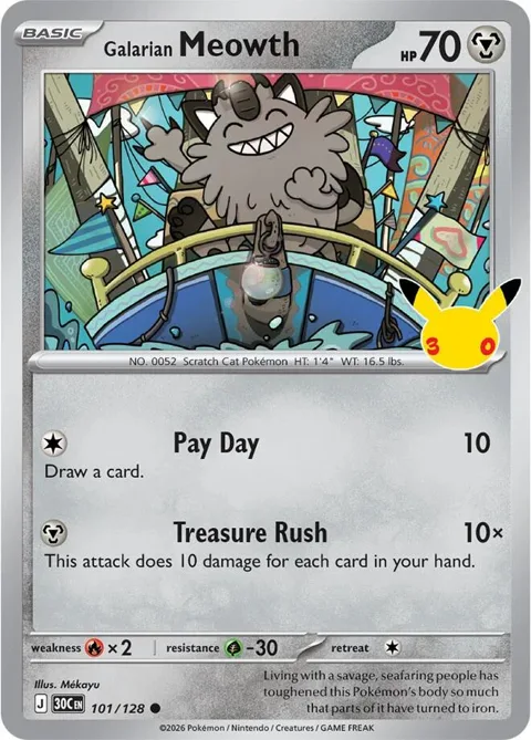 Galarian Meowth #101/128 Holofoil Pokémon card from 30th Celebration