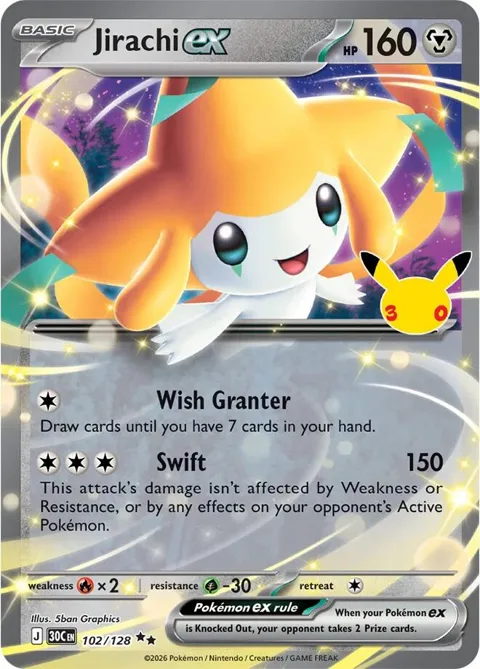 Jirachi ex #102/128 Holofoil Pokémon card from 30th Celebration