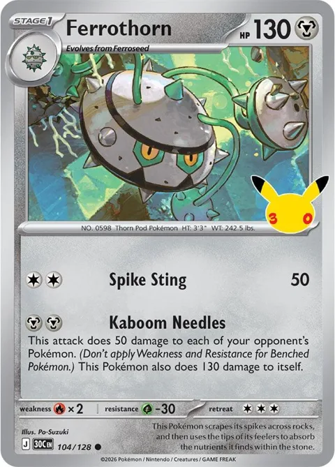 Ferrothorn #104/128 Holofoil Pokémon card from 30th Celebration