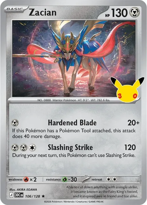 Zacian #106/128 Holofoil Pokémon card from 30th Celebration