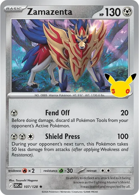 Zamazenta #107/128 Holofoil Pokémon card from 30th Celebration