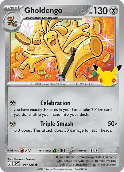 Gholdengo #108/128 Holofoil Pokémon card from 30th Celebration