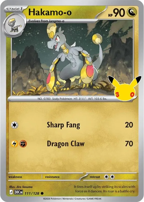 Hakamo-o #111/128 Holofoil Pokémon card from 30th Celebration