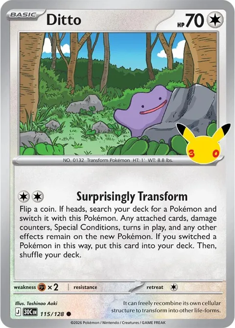 Ditto #115/128 Holofoil Pokémon card from 30th Celebration