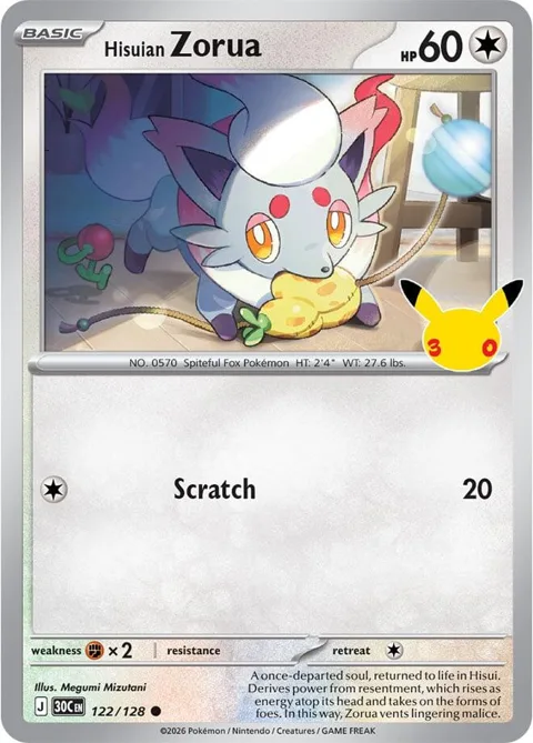 Hisuian Zorua #122/128 Holofoil Pokémon card from 30th Celebration