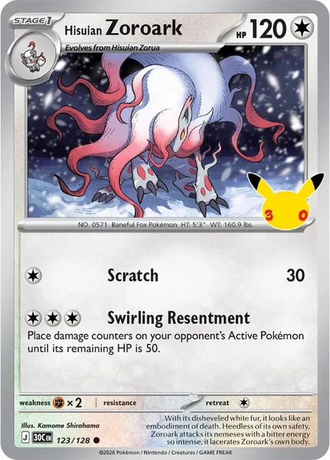 Hisuian Zoroark #123/128 Holofoil Pokémon card from 30th Celebration