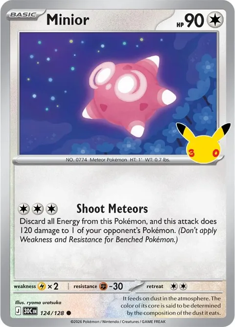 Minior #124/128 Holofoil Pokémon card from 30th Celebration