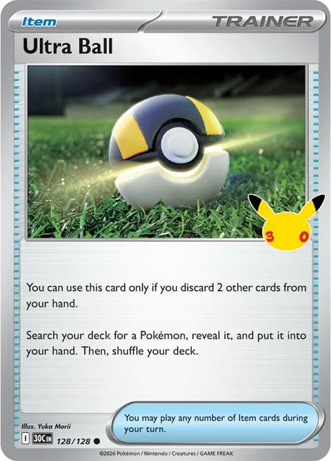 Ultra Ball #128/128 Holofoil Pokémon card from 30th Celebration