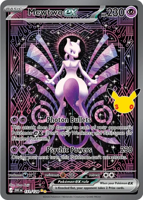 Mewtwo ex #151/128 Holofoil Pokémon card from 30th Celebration