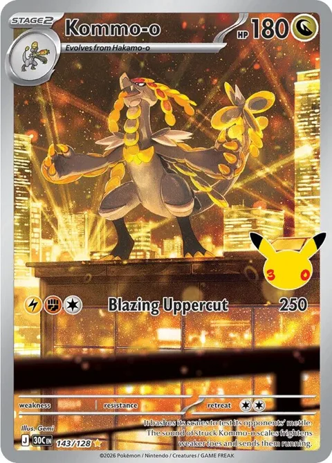 Kommo-o #143/128 Holofoil Pokémon card from 30th Celebration
