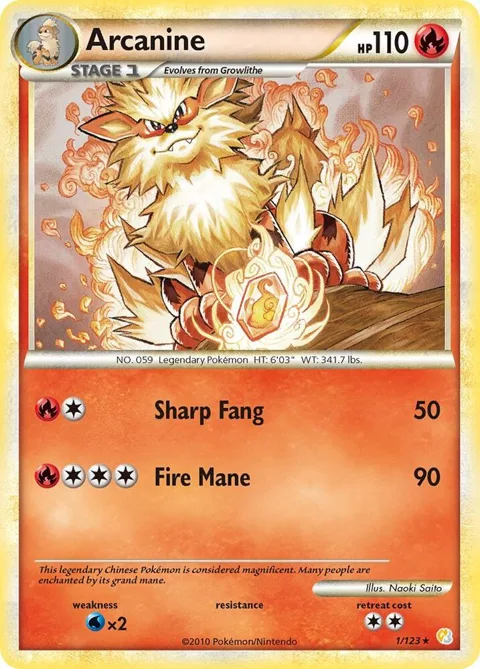 Arcanine #1/123 Holofoil Pokémon card from HeartGold SoulSilver