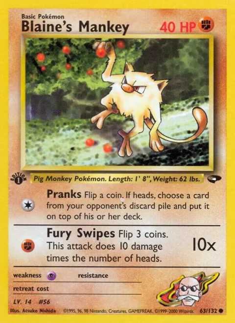 Blaine's Mankey #063/132 1st Edition Pokémon card from Gym Challenge