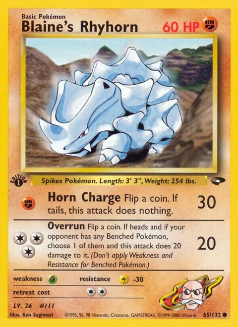 Blaine's Rhyhorn #065/132 1st Edition Pokémon card from Gym Challenge