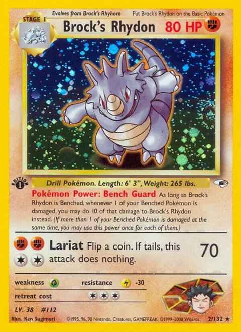 Brock's Rhydon #002/132 1st Edition Holofoil Pokémon card from Gym Heroes