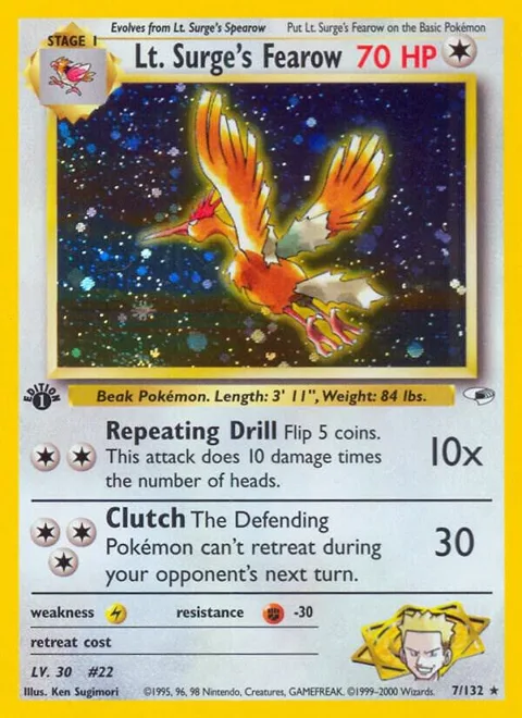 Lt. Surge's Fearow #007/132 1st Edition Holofoil Pokémon card from Gym Heroes