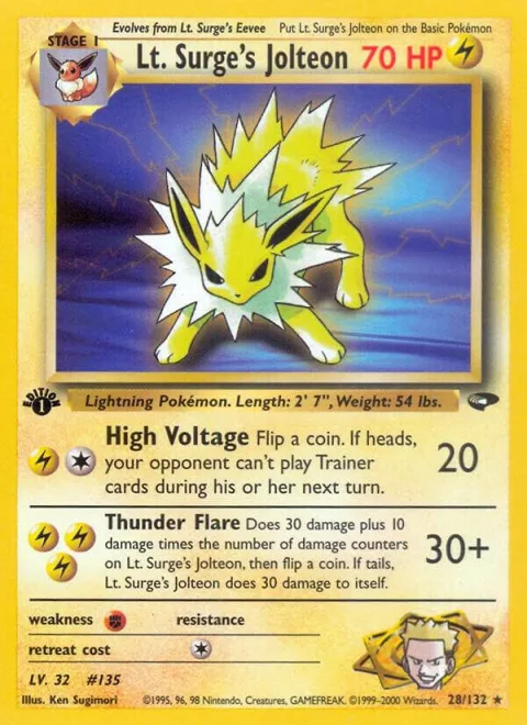 Lt. Surge's Jolteon #028/132 1st Edition Pokémon card from Gym Challenge