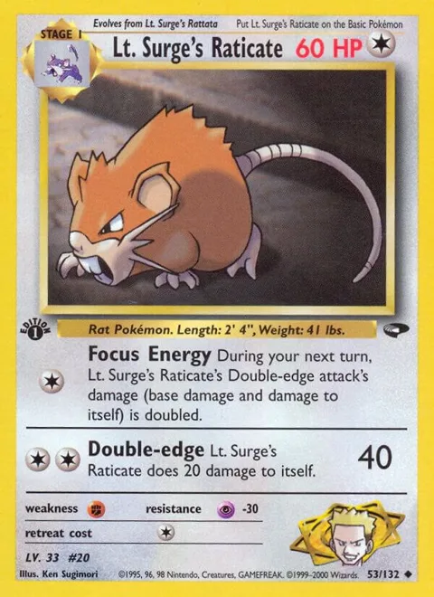 Lt. Surge's Raticate #053/132 Unlimited Pokémon card from Gym Challenge