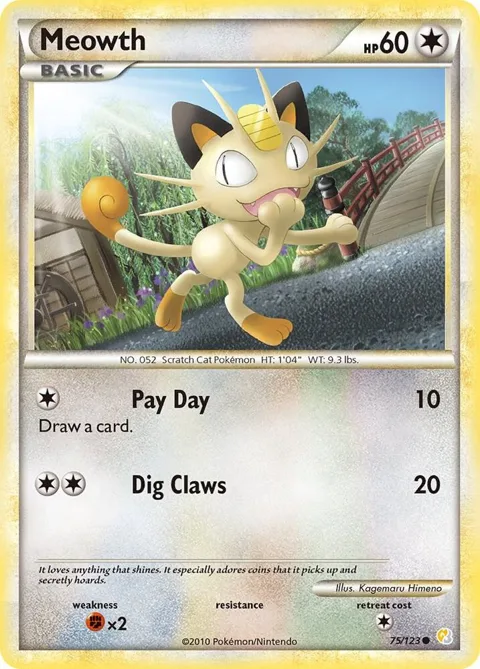 Meowth #75/123 Reverse Holofoil Pokémon card from HeartGold SoulSilver