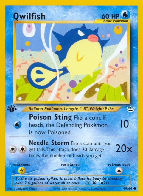Qwilfish #49/64 1st Edition Pokémon card from Neo Revelation