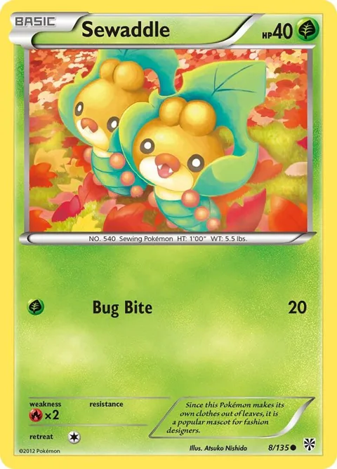 Sewaddle #8/135 Reverse Holofoil Pokémon card from Plasma Storm