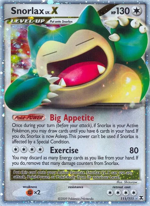 Snorlax Lv.X #111/111 Holofoil Pokémon card from Rising Rivals