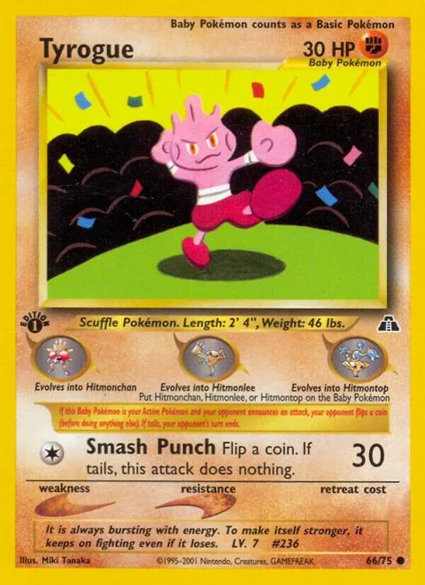 Tyrogue #66/75 1st Edition Pokémon card from Neo Discovery