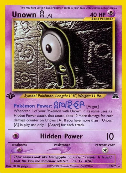Unown [A] 33 #33/75 1st Edition Pokémon card from Neo Discovery