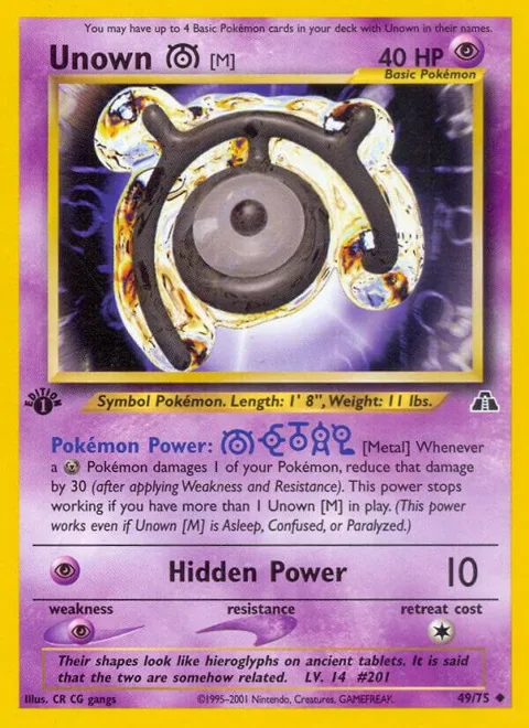 Unown [M] #49/75 1st Edition Pokémon card from Neo Discovery